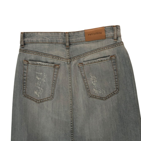 Retroféte Skirt Small Denim Button Midi Jeans Asymmetrical Distressed Fringe Hem - Picture 9 of 10